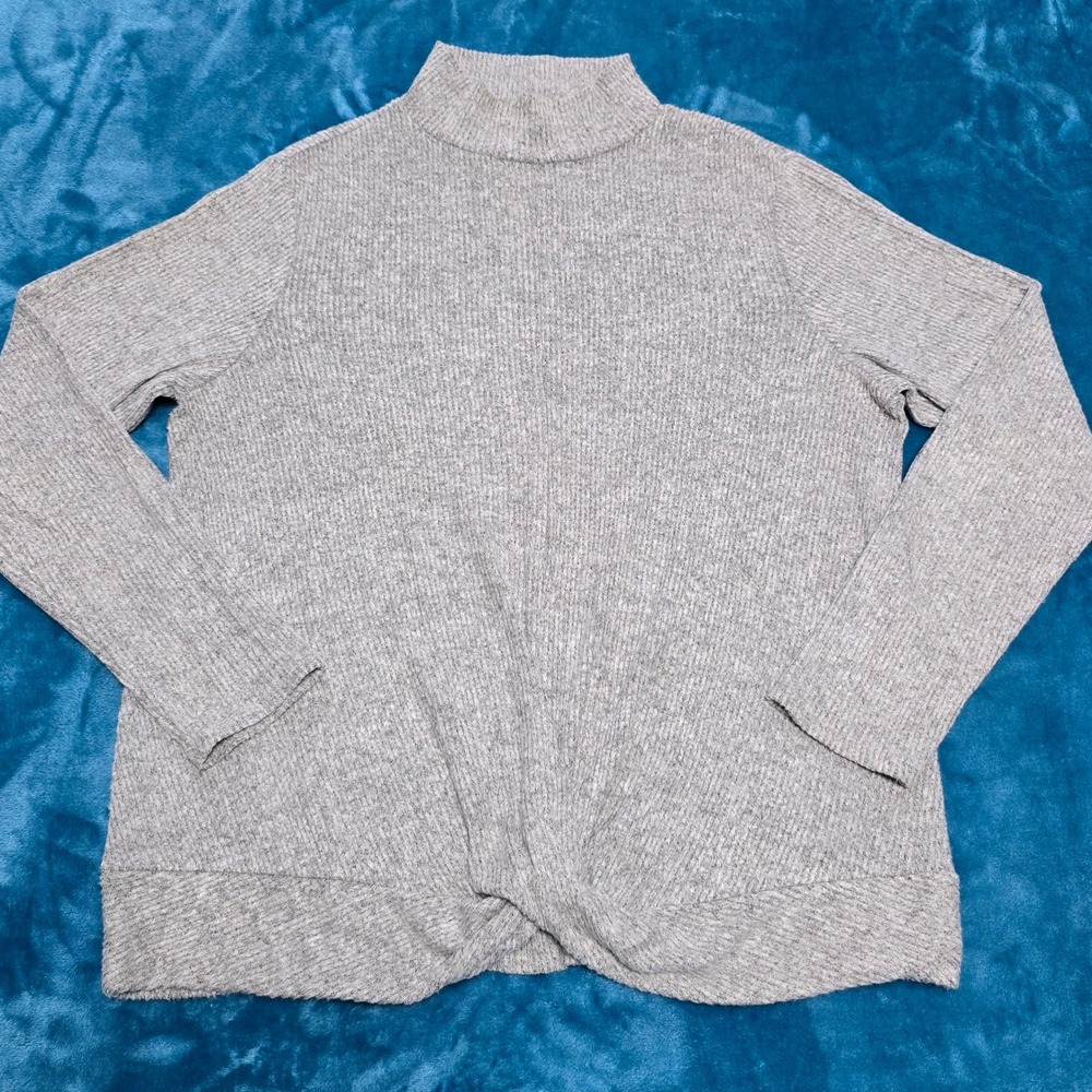 Nine West Women Size XXL Sweater Gray Mock Neck Twist Front Ribbed Lightweight
